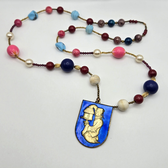 Vintage Peking Cloisonne Enamel Pendant Necklace Natural Stone Beads Turquoise